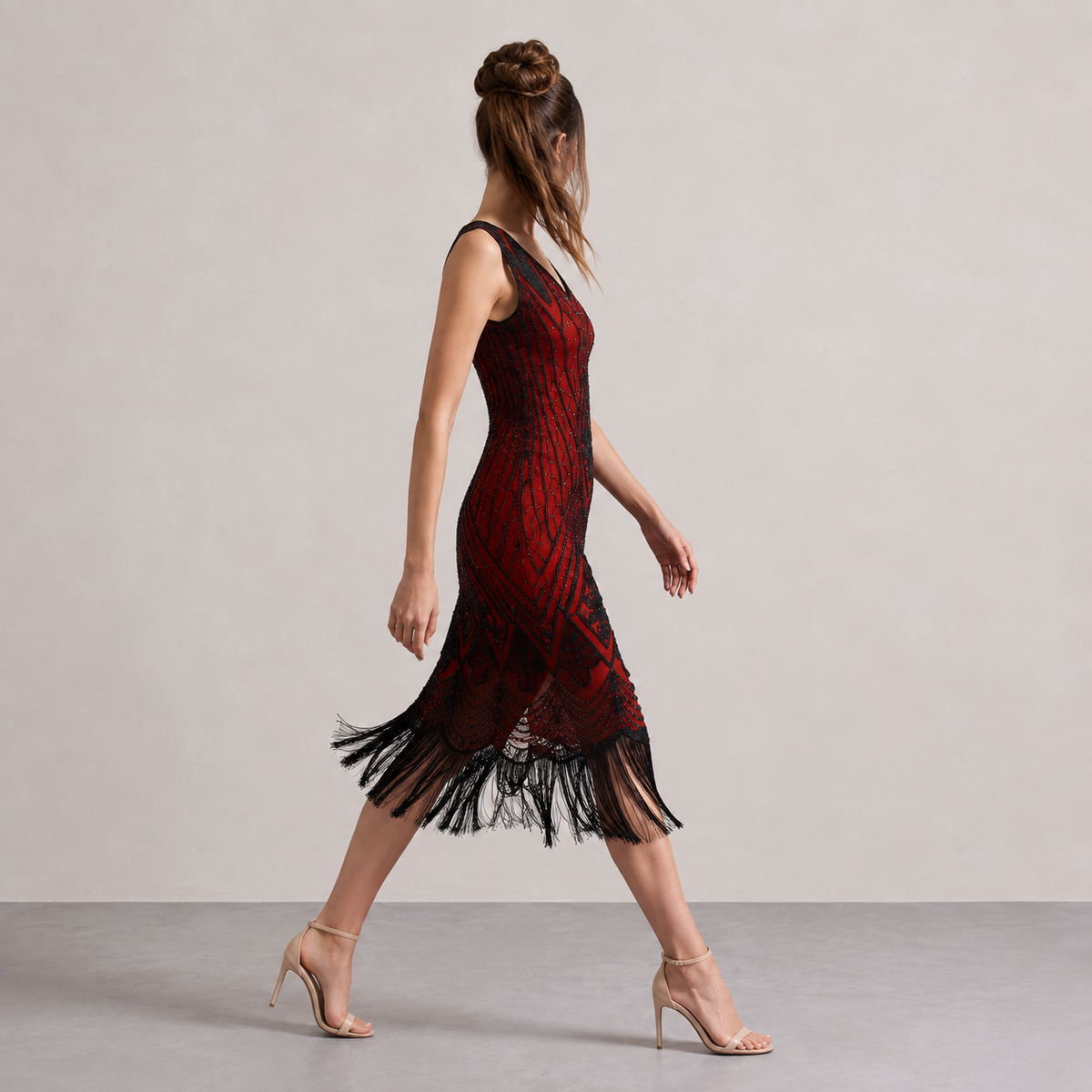 Beaded Fringe Hem V-Neck Flapper Midi Dress 12