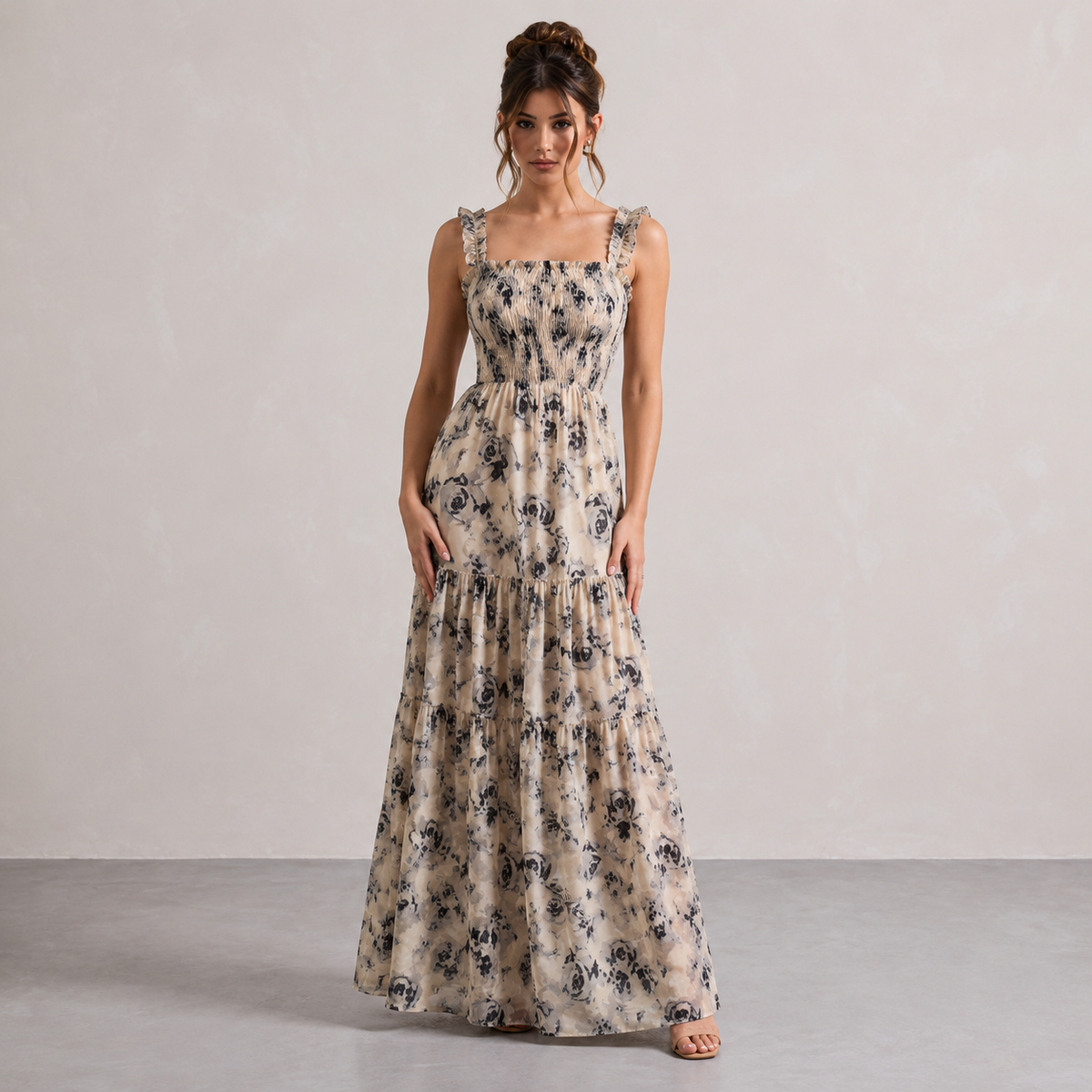Floral Shirred Ruffle Strap Tiered Maxi Dress 4
