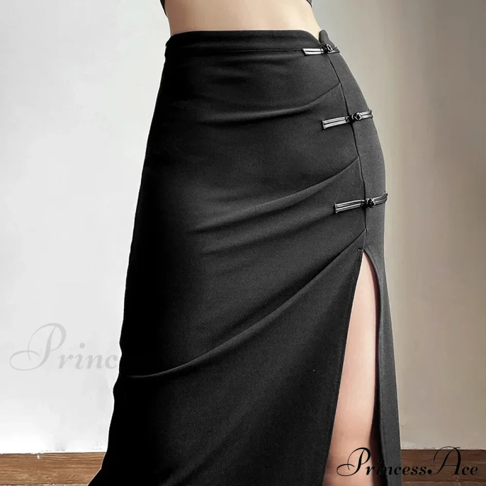 Black Sexy Women A-line Slits High Waist Slim Hip-covering Solid Mid-length Long Streetwear Skirt