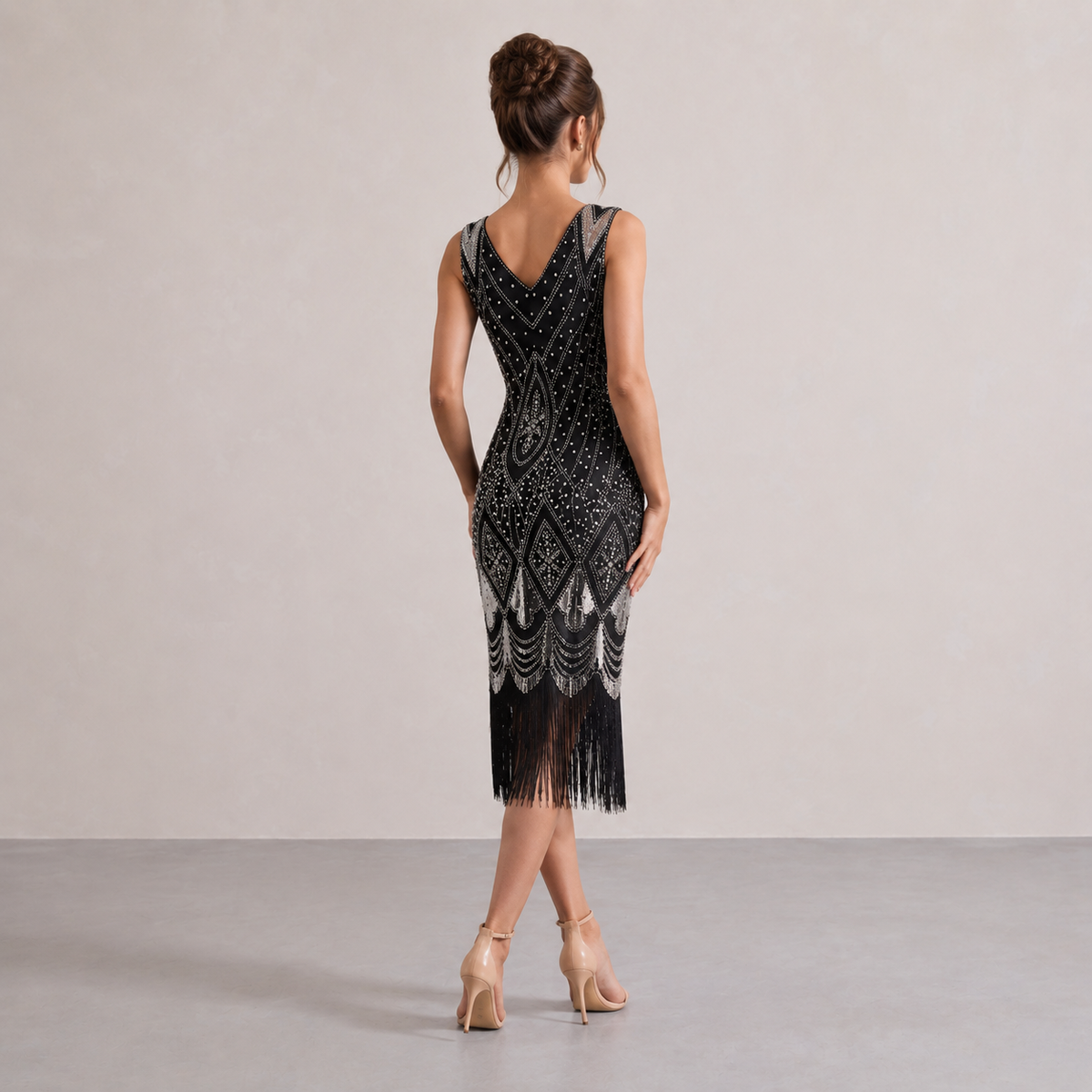 Beaded Fringe Hem V-Neck Flapper Midi Dress 15