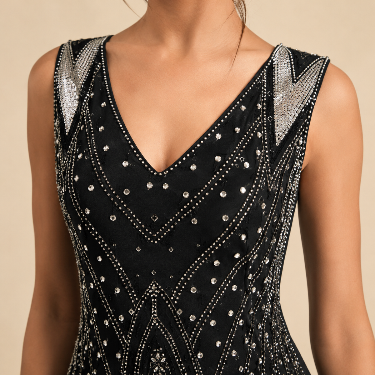 Beaded Fringe Hem V-Neck Flapper Midi Dress 14