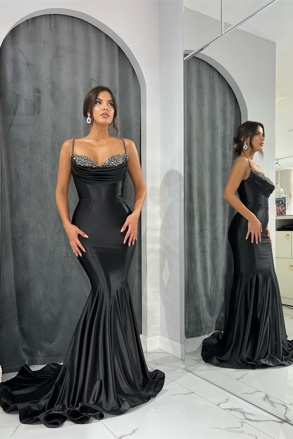 Black Spaghetti-Straps Prom Dress Mermaid Sleeveless With Beads - Fashionpara