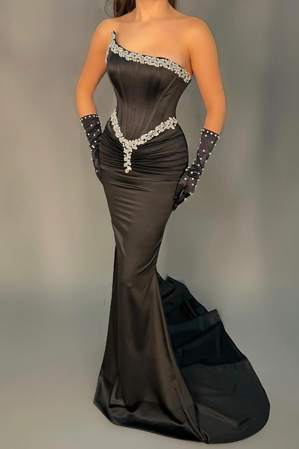 Black Strapless Mermaid Prom Dress Long With Beads - Fashionpara