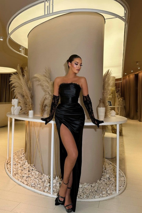 Black Strapless Prom Dress Mermaid Long Slit On Sale - Fashionpara