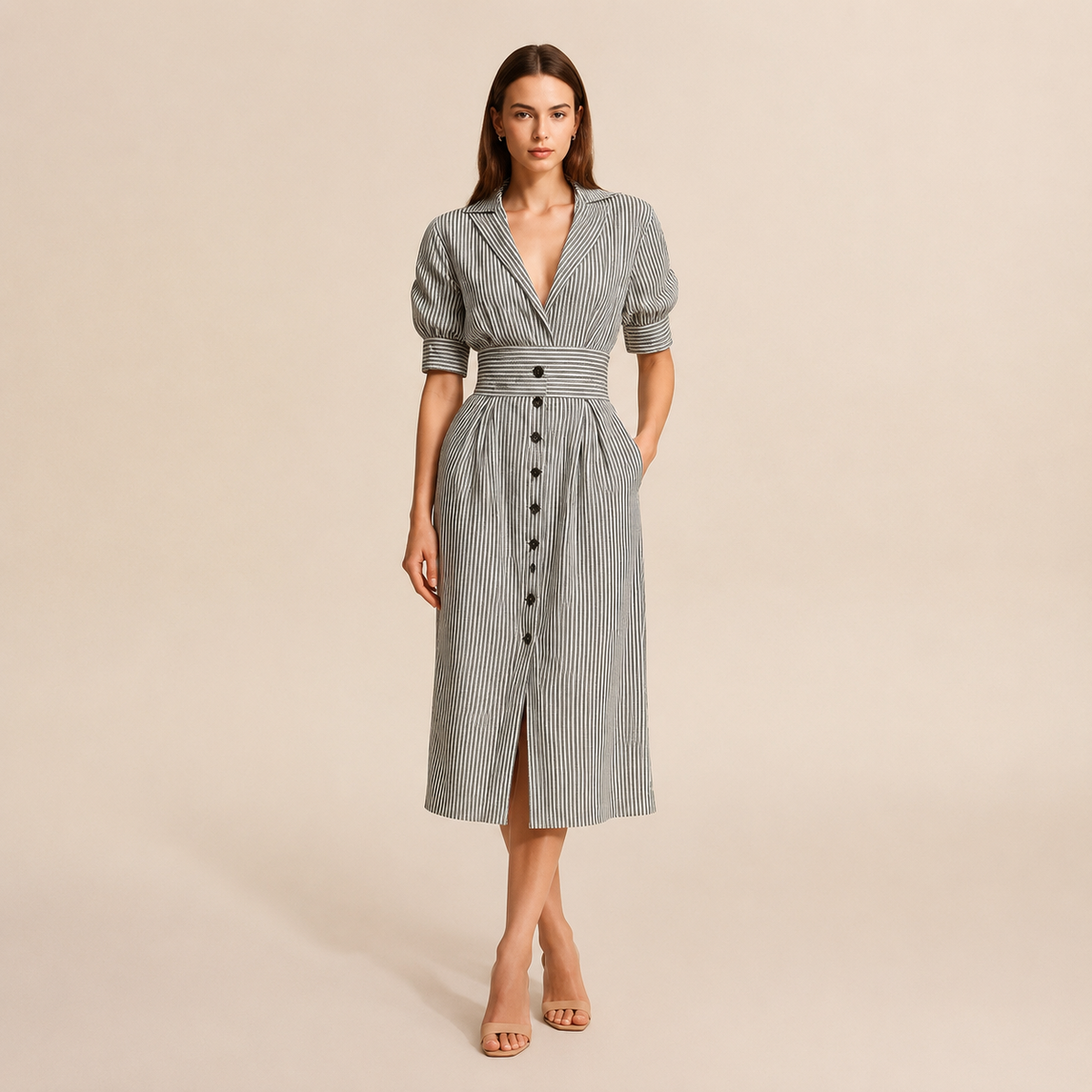 Striped Collared Puff Sleeve Button Front Belted Midi Dress