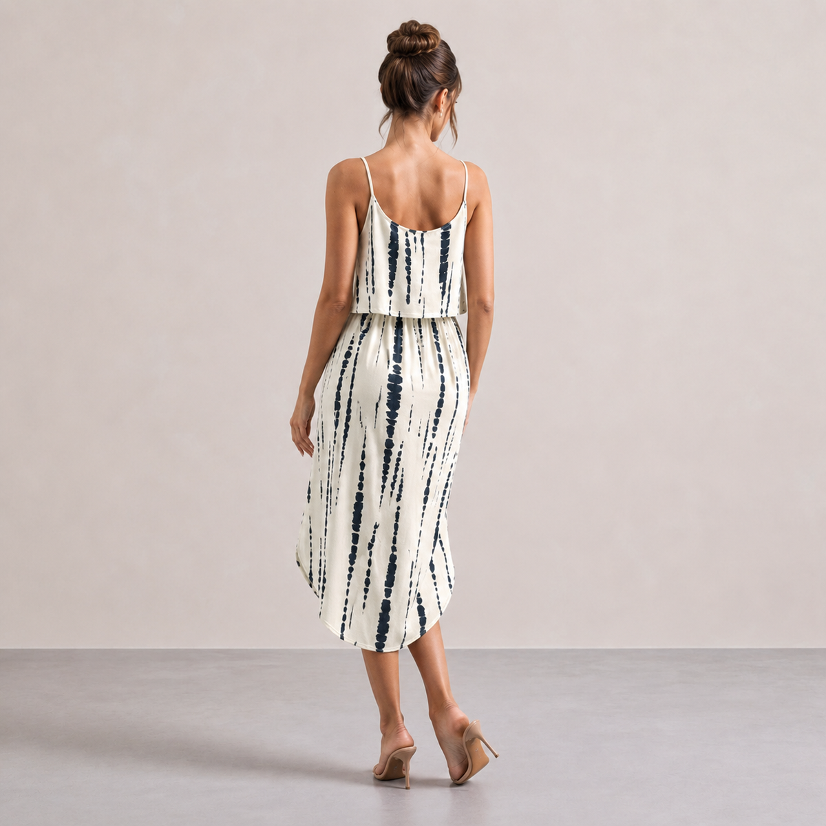 Tie Dye Stripe Cami Drawstring Waist High Low Midi Dress 6