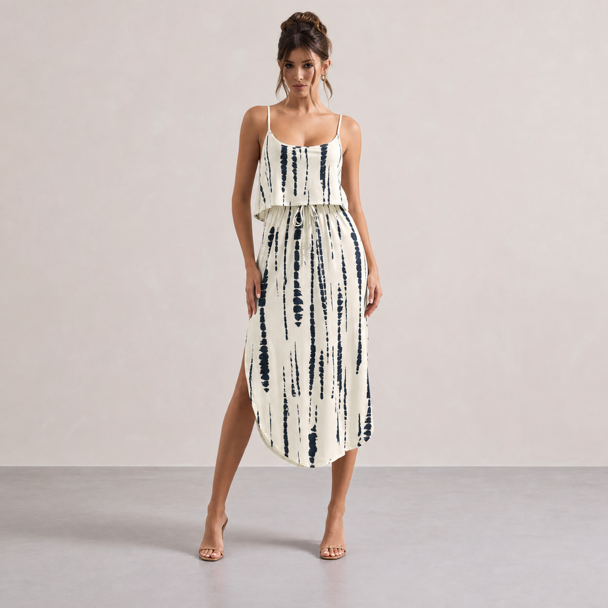 Tie Dye Stripe Cami Drawstring Waist High Low Midi Dress 4