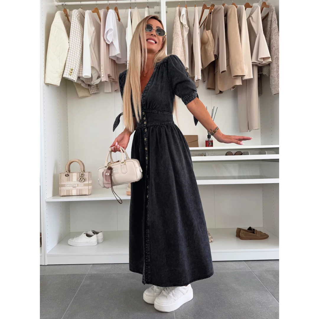 V-Neck Puff Sleeve Button Front High Split Midi Dress 11