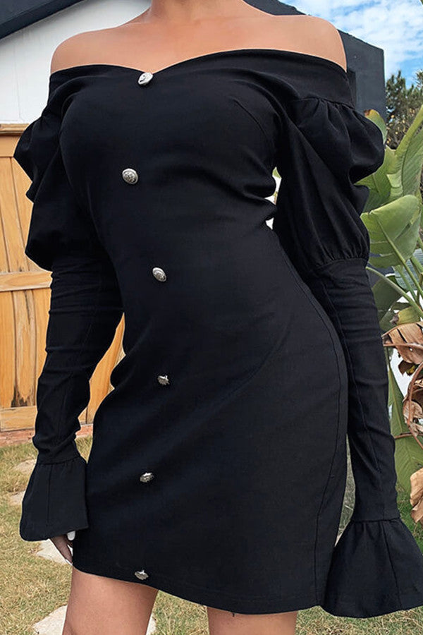 Black V-Neck Buttoned Mini Dress