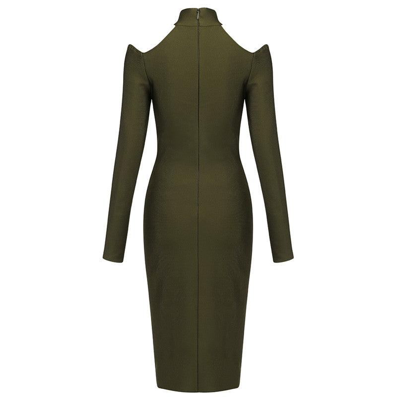 Ribbed High Neck Long Sleeve Cold Shoulder Bodycon Midi Dress