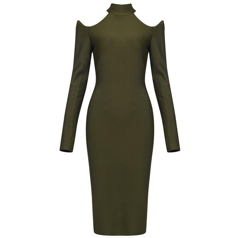 Ribbed High Neck Long Sleeve Cold Shoulder Bodycon Midi Dress