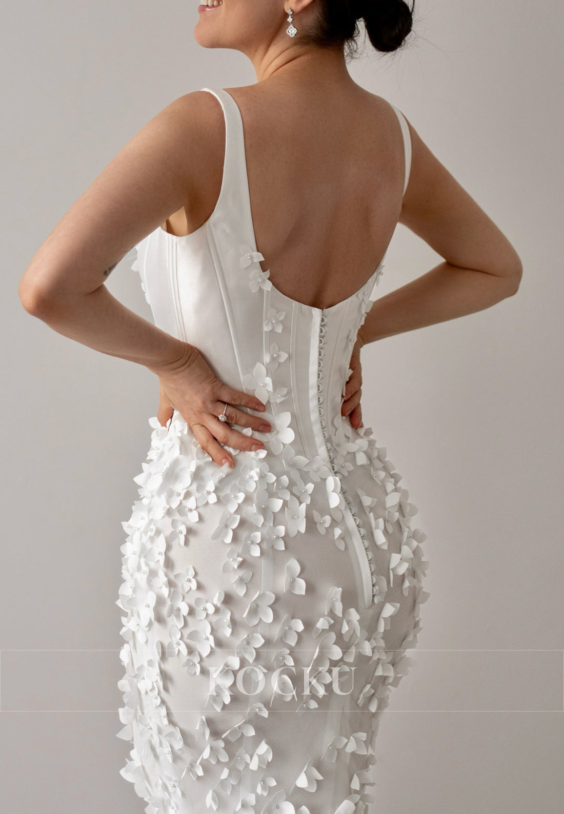 Elegant Square Neck Backless 3D Floral Mermaid Wedding Dress with Train