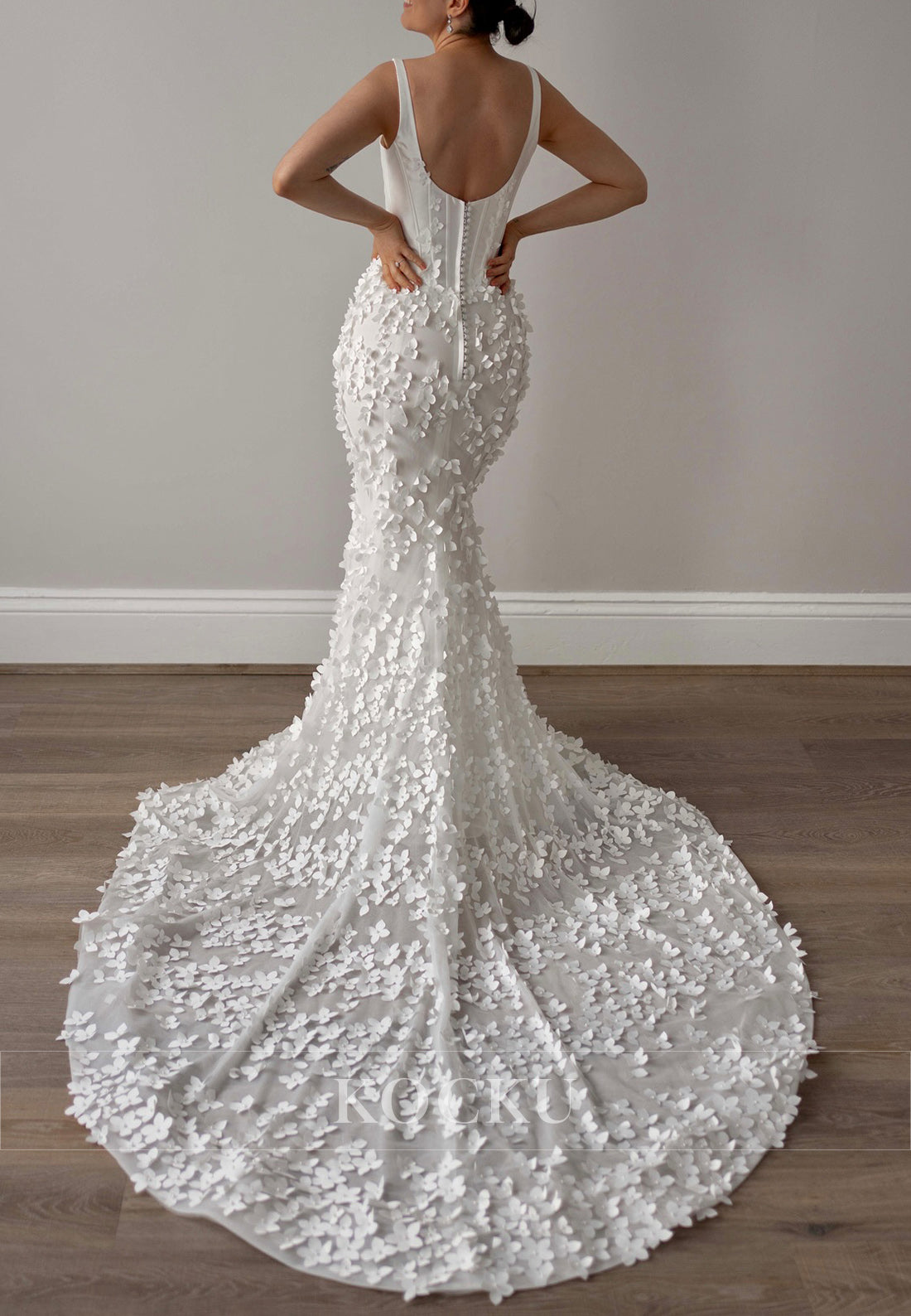 Elegant Square Neck Backless 3D Floral Mermaid Wedding Dress with Train