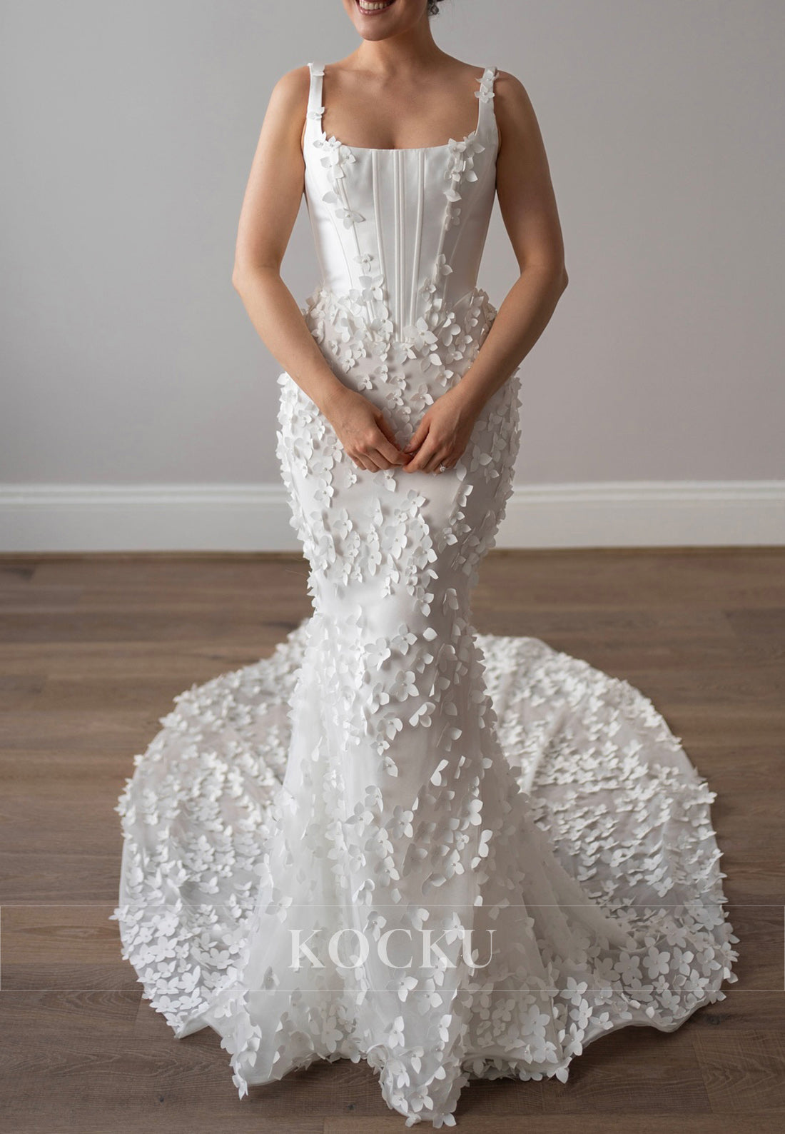 Elegant Square Neck Backless 3D Floral Mermaid Wedding Dress with Train