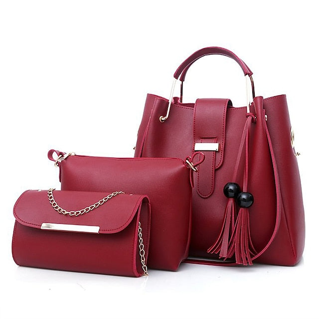 Tote Pink Leather - Handbag Faux Set 3-Piece