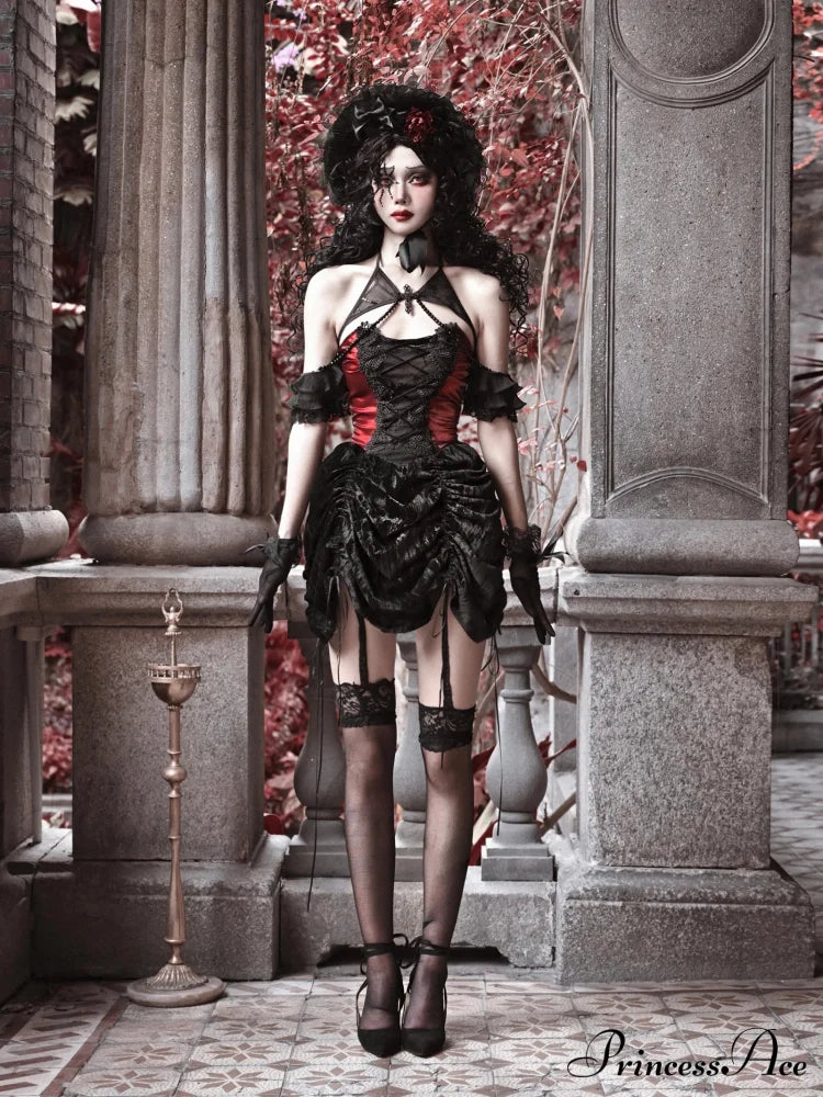 Blood Supply Gothic Velvet Slim Strap Drawstring Halter Black Red Grunge Mini Halloween Vestido Autumn Dress