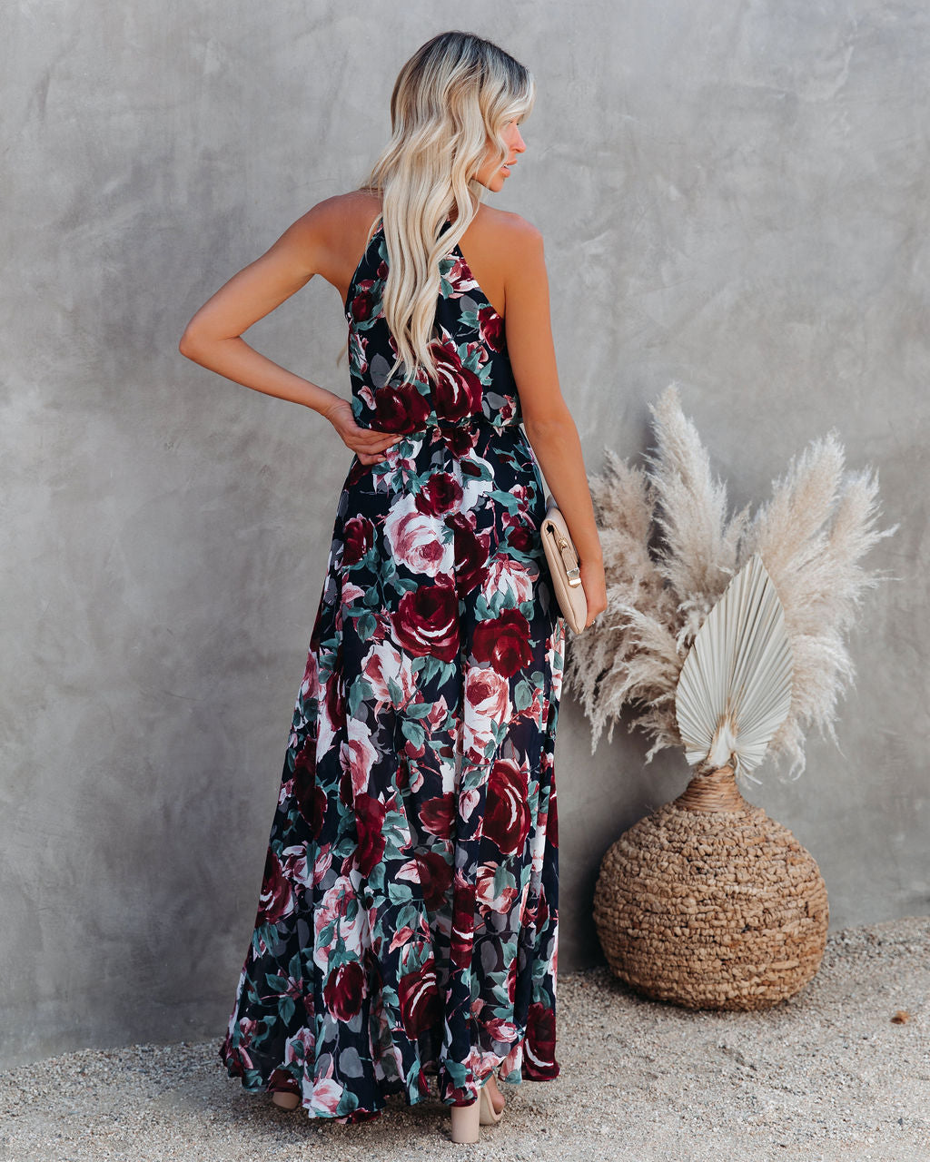 Floral Print Halter Neck Sleeveless Maxi Dress