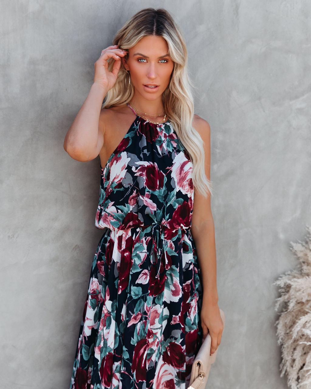 Floral Print Halter Neck Sleeveless Maxi Dress