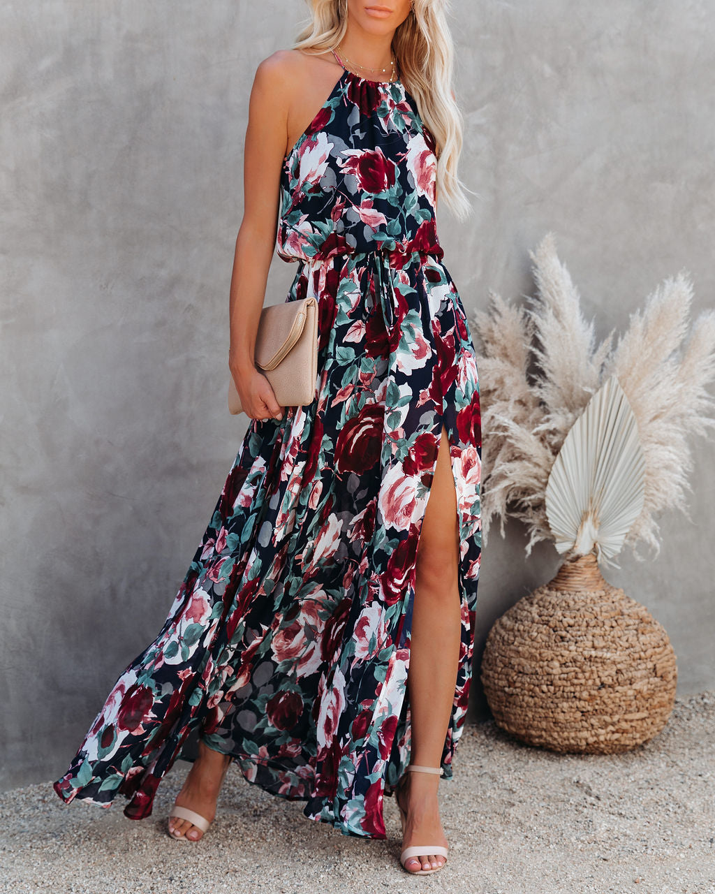 Floral Print Halter Neck Sleeveless Maxi Dress