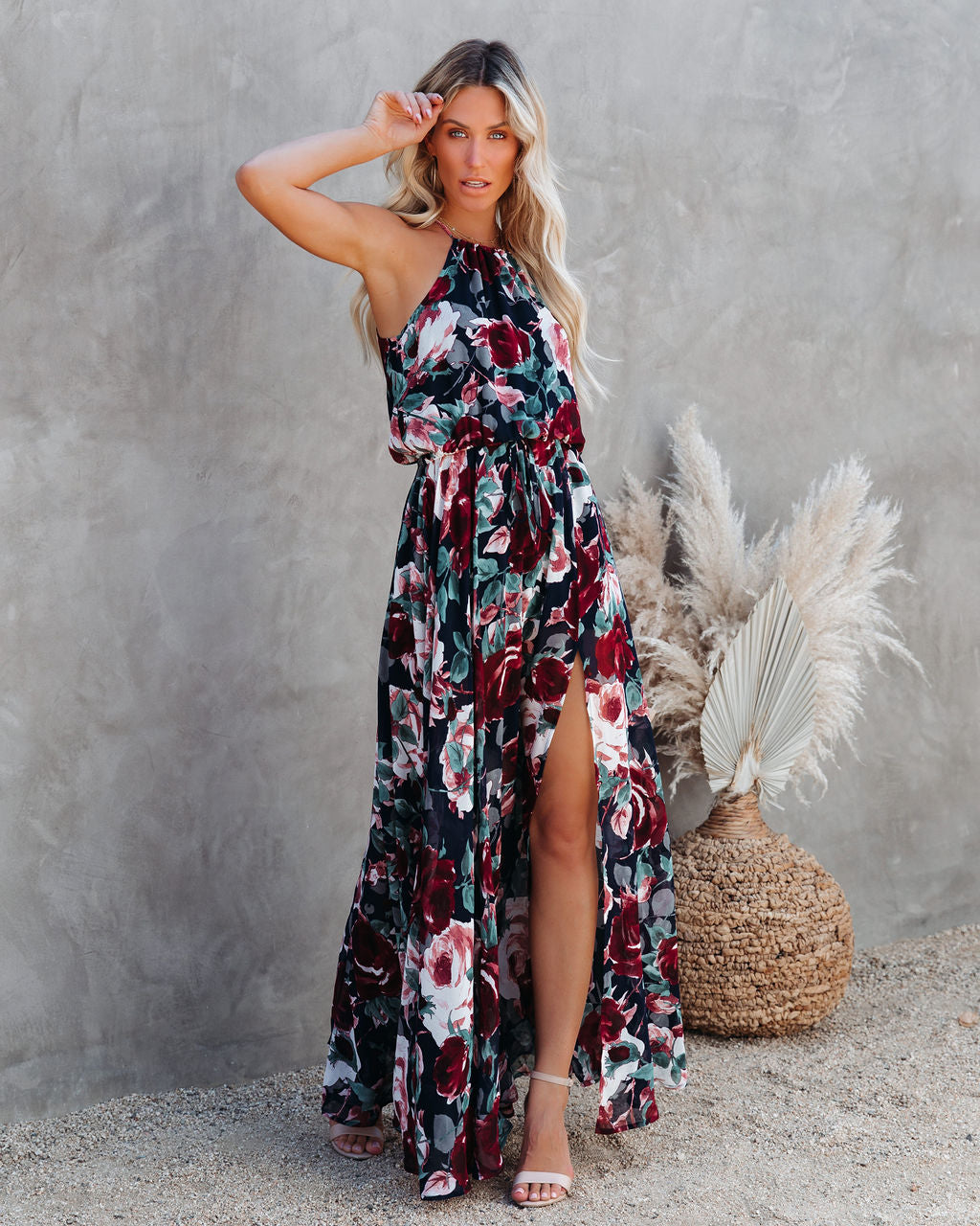Floral Print Halter Neck Sleeveless Maxi Dress