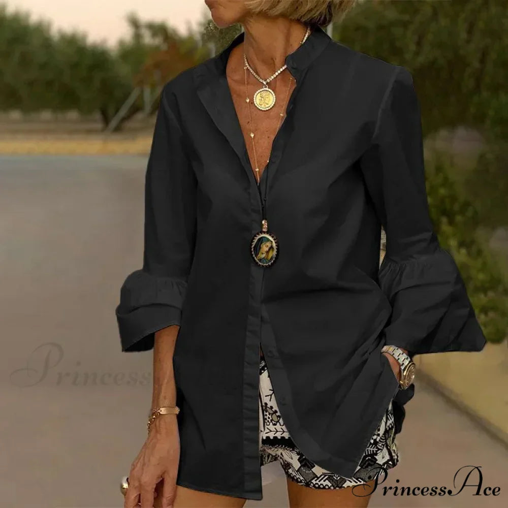 Blouse Office Arm - V Button Women's Flare Up White Neck Blouse - Fashionpara