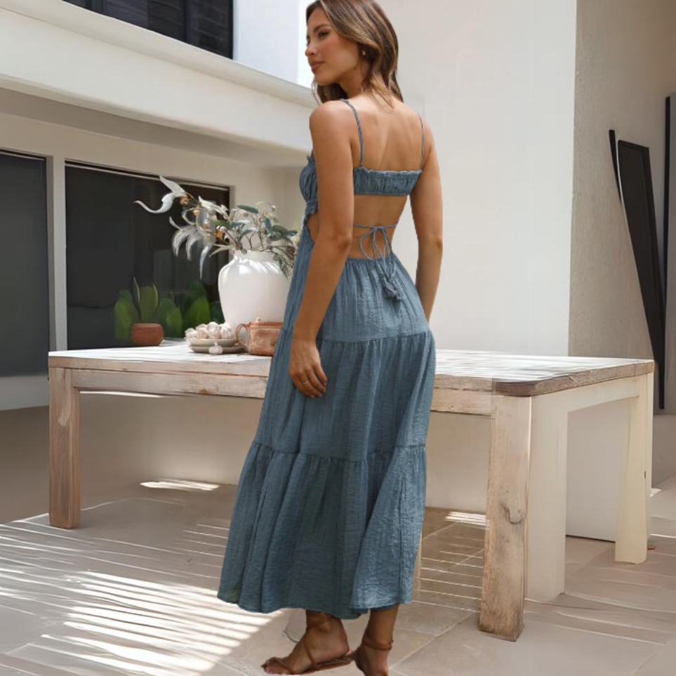 Spaghetti Strap Tie Back Tiered Chiffon Maxi Summer Dress - View 10