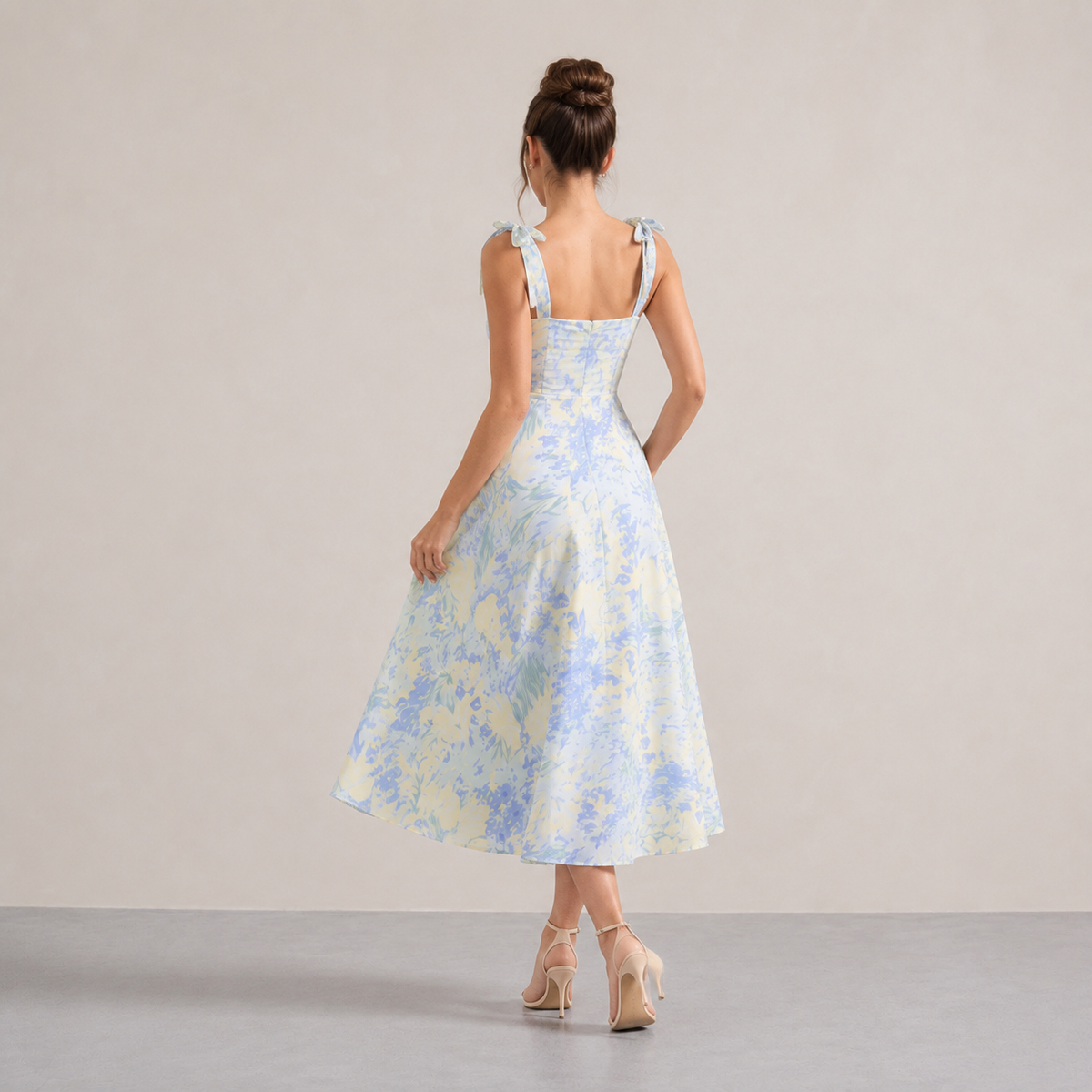 Floral Tie Strap Sweetheart Fit and Flare Midi Dress 3