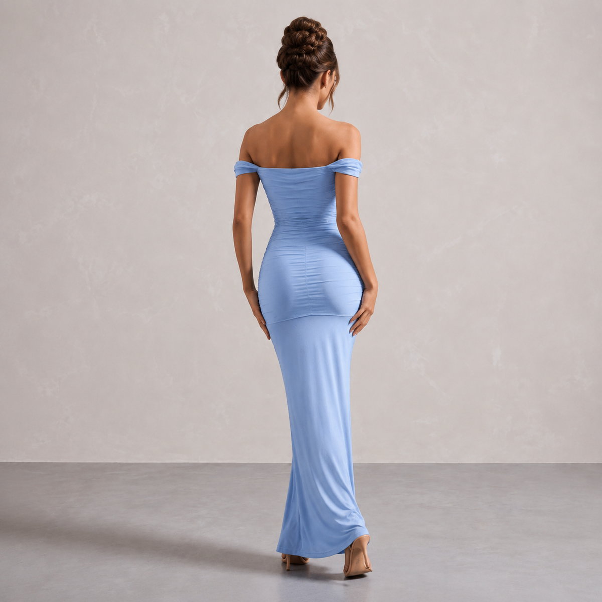 Off Shoulder Ruched Fishtail Maxi Gown 18