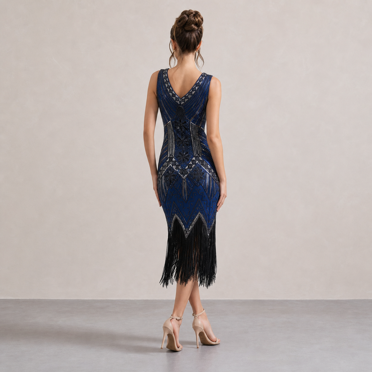 V-Neck Beaded Fringe Sleeveless Flapper Midi Dress 15