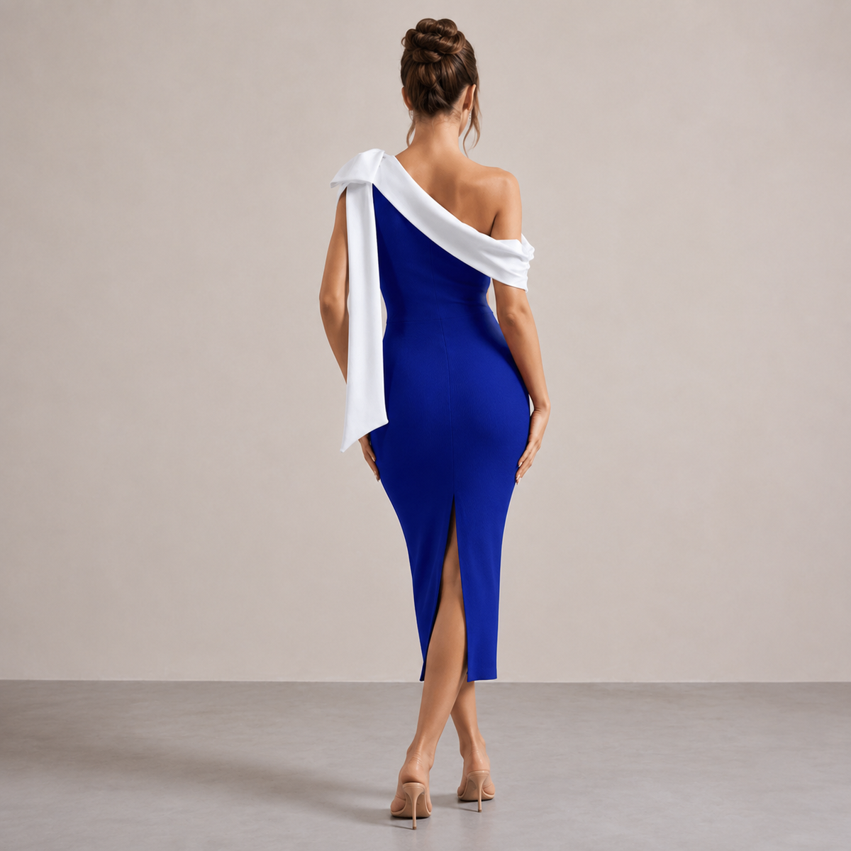 One Shoulder Contrast Bow Bandage Bodycon Midi Dress 6