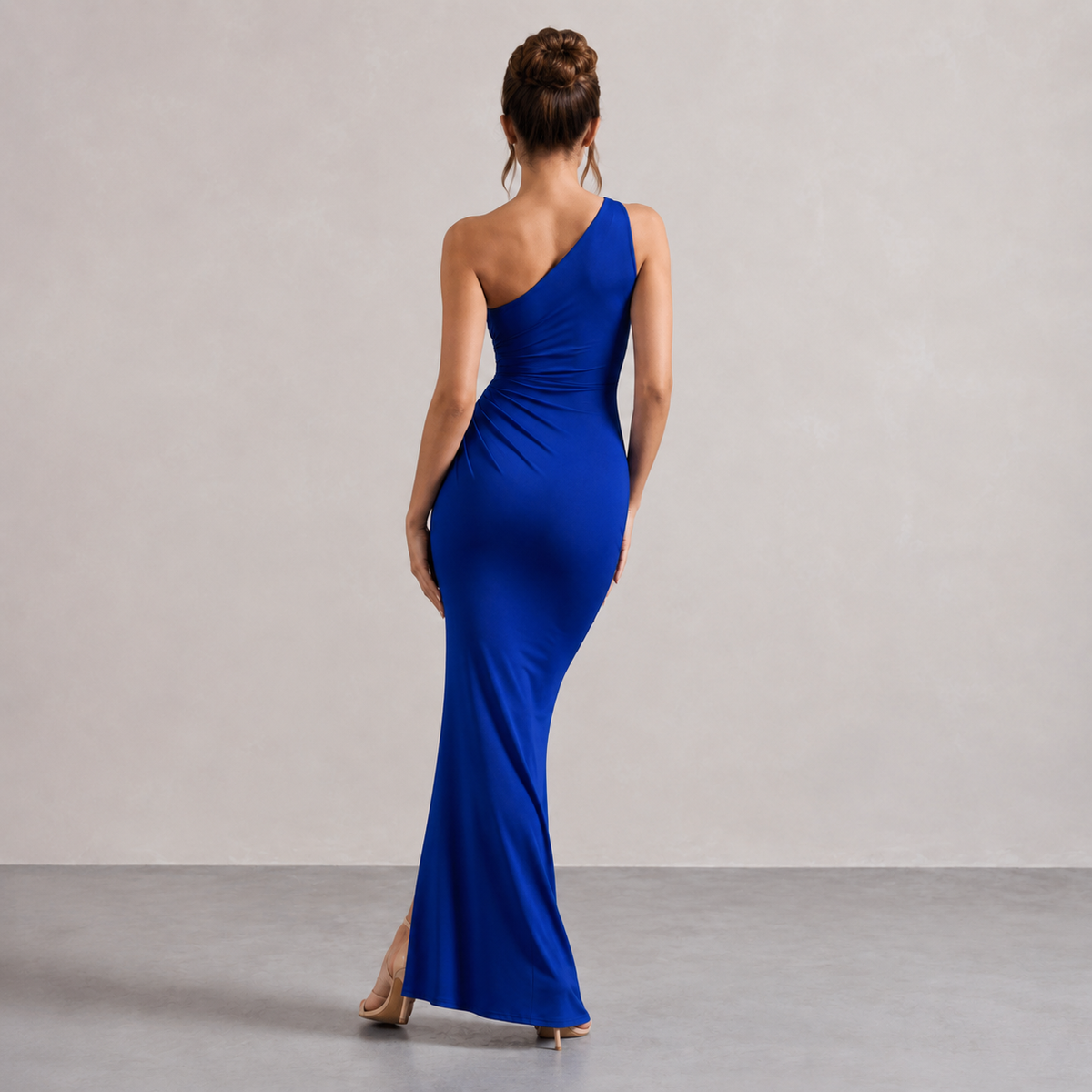 One Shoulder Ruched High Split Bodycon Midi Dress 18