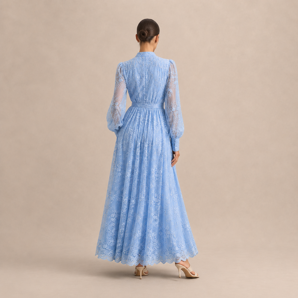 Lace Long Sleeve Button Front Belted Maxi Dress 12