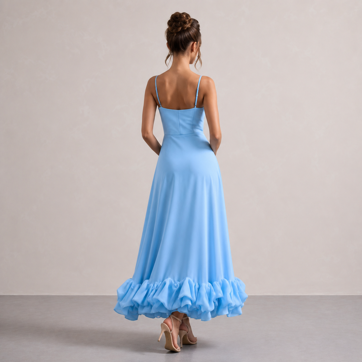 Scoop Neck Strappy Ruffle Hem A-Line Midi Dress 15