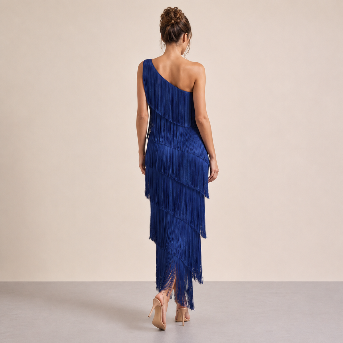 One Shoulder Tiered Tassel Fringe Bodycon Maxi Dress 7