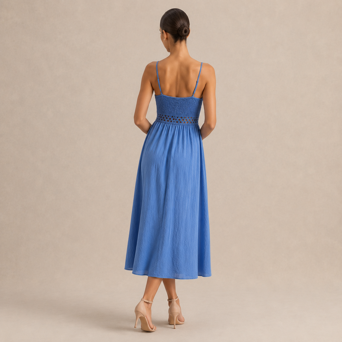 V-Neck Shirred Bodice Cut Out A-Line Midi Dress 12
