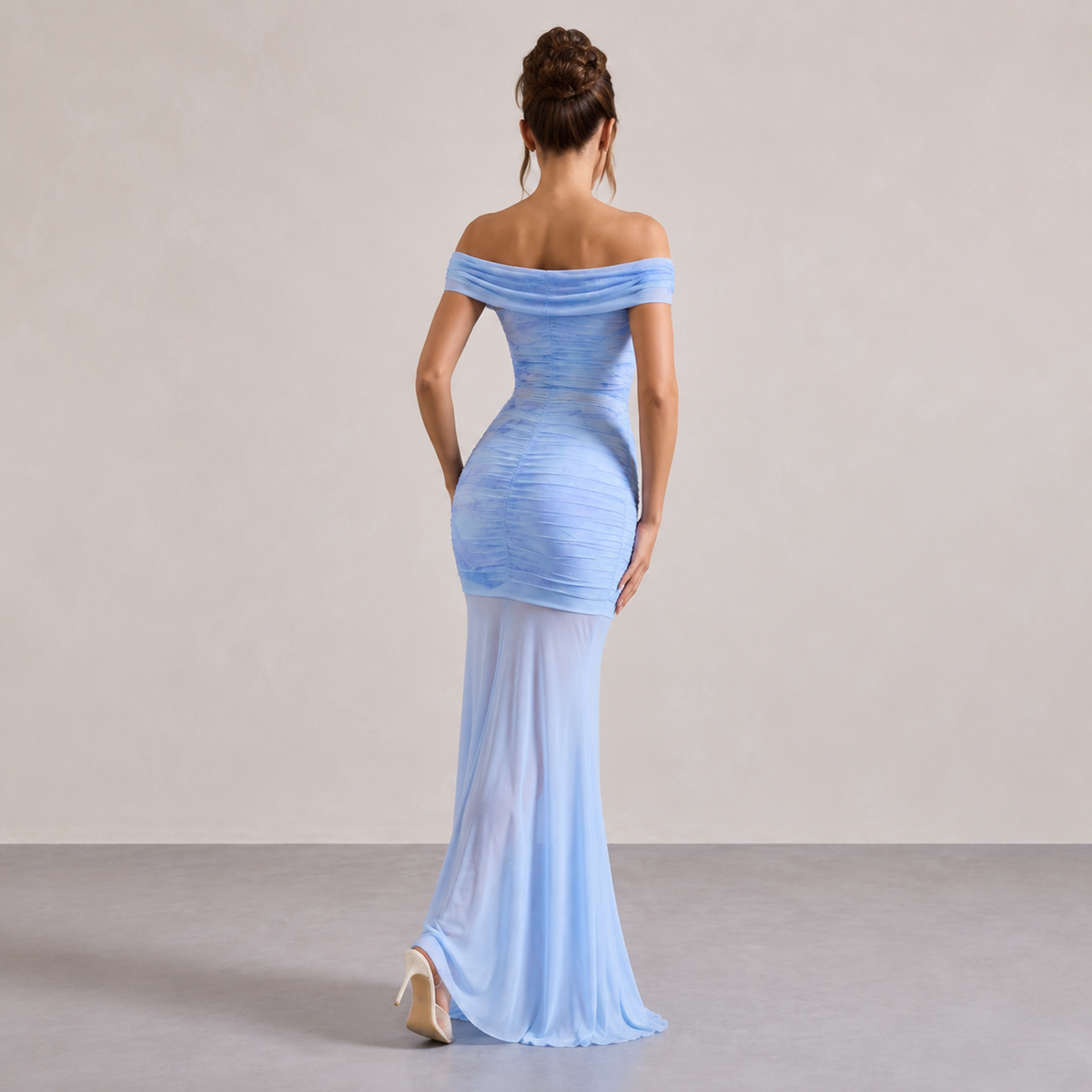 Marble Print Off Shoulder Ruched Fishtail Maxi Dress 6