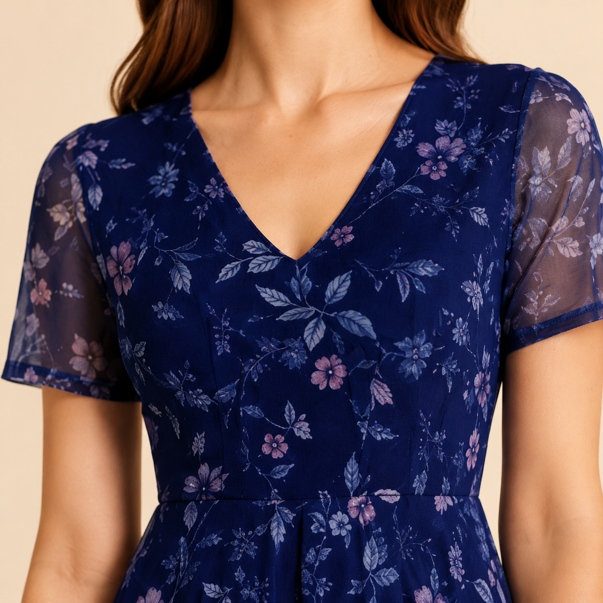 Floral V-Neck Short Sleeve Chiffon Fit and Flare Midi Dress 5