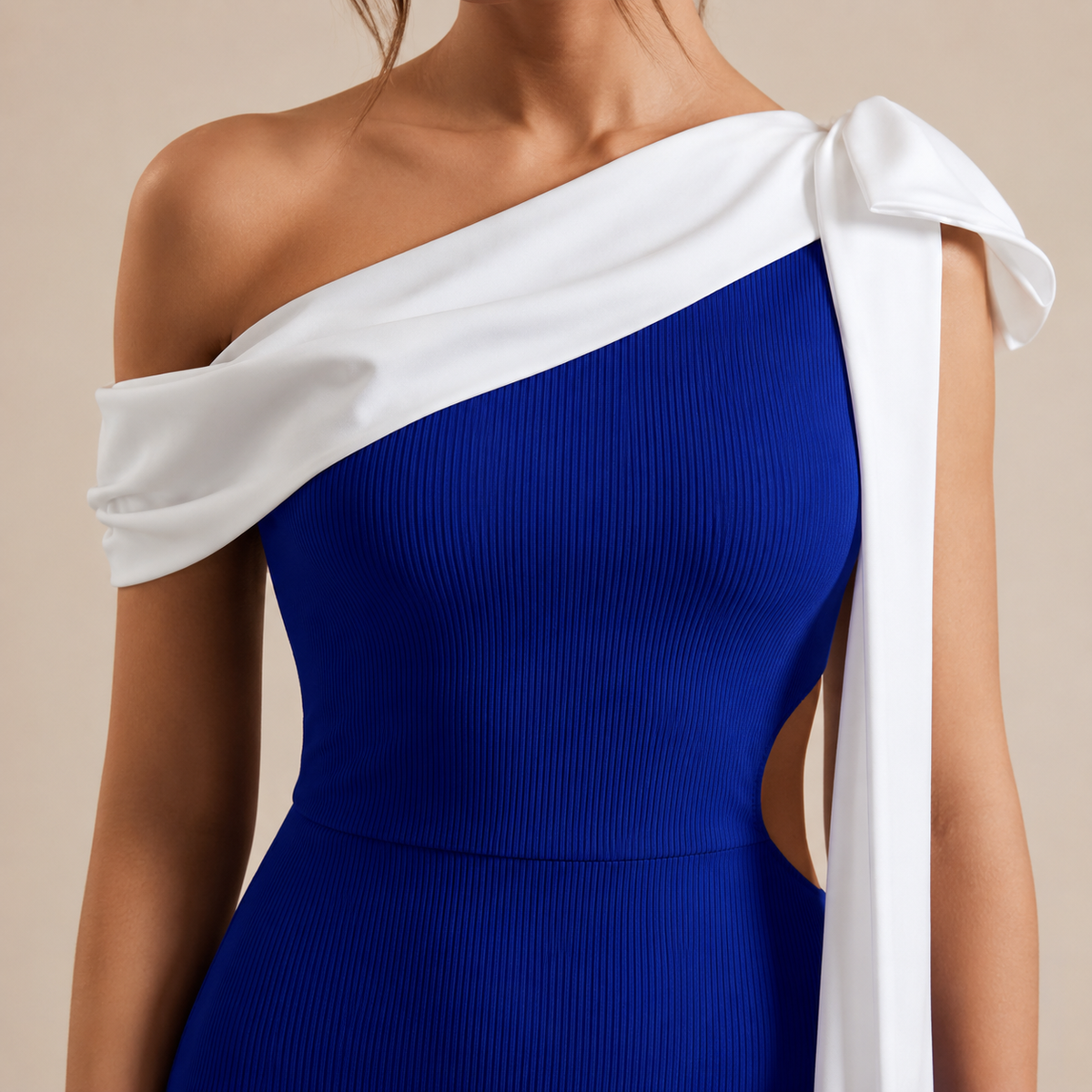 One Shoulder Contrast Bow Bandage Bodycon Midi Dress 5