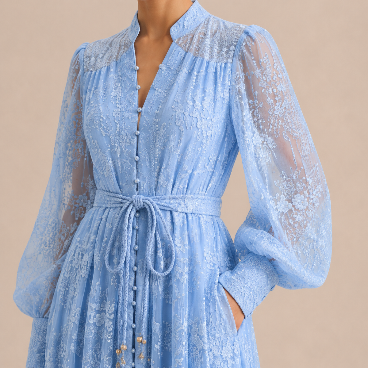 Lace Long Sleeve Button Front Belted Maxi Dress 11