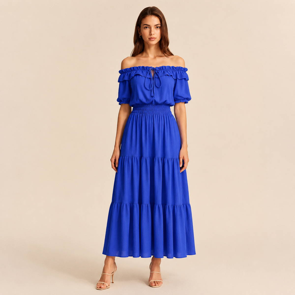 Off Shoulder Ruffle Puff Sleeve Tiered Maxi Dress 16