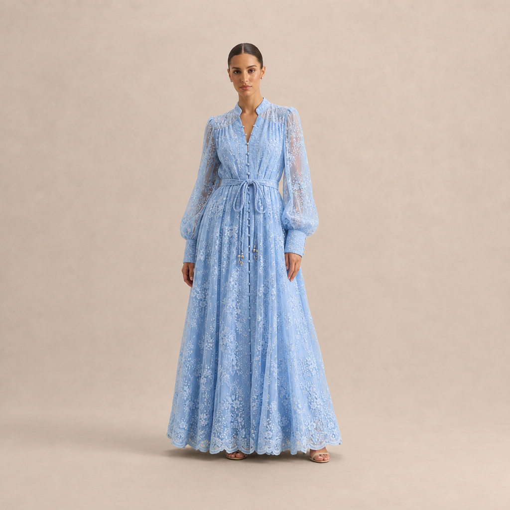 Lace Long Sleeve Button Front Belted Maxi Dress 10