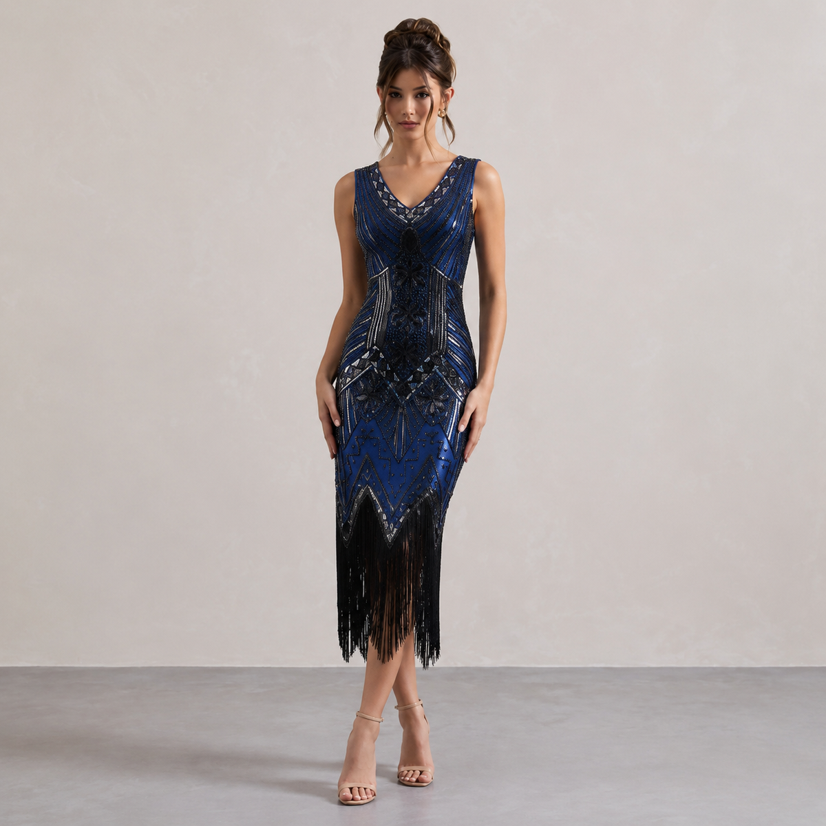 V-Neck Beaded Fringe Sleeveless Flapper Midi Dress 13