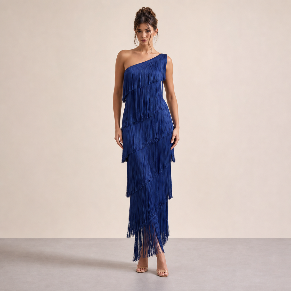 One Shoulder Tiered Tassel Fringe Bodycon Maxi Dress 5