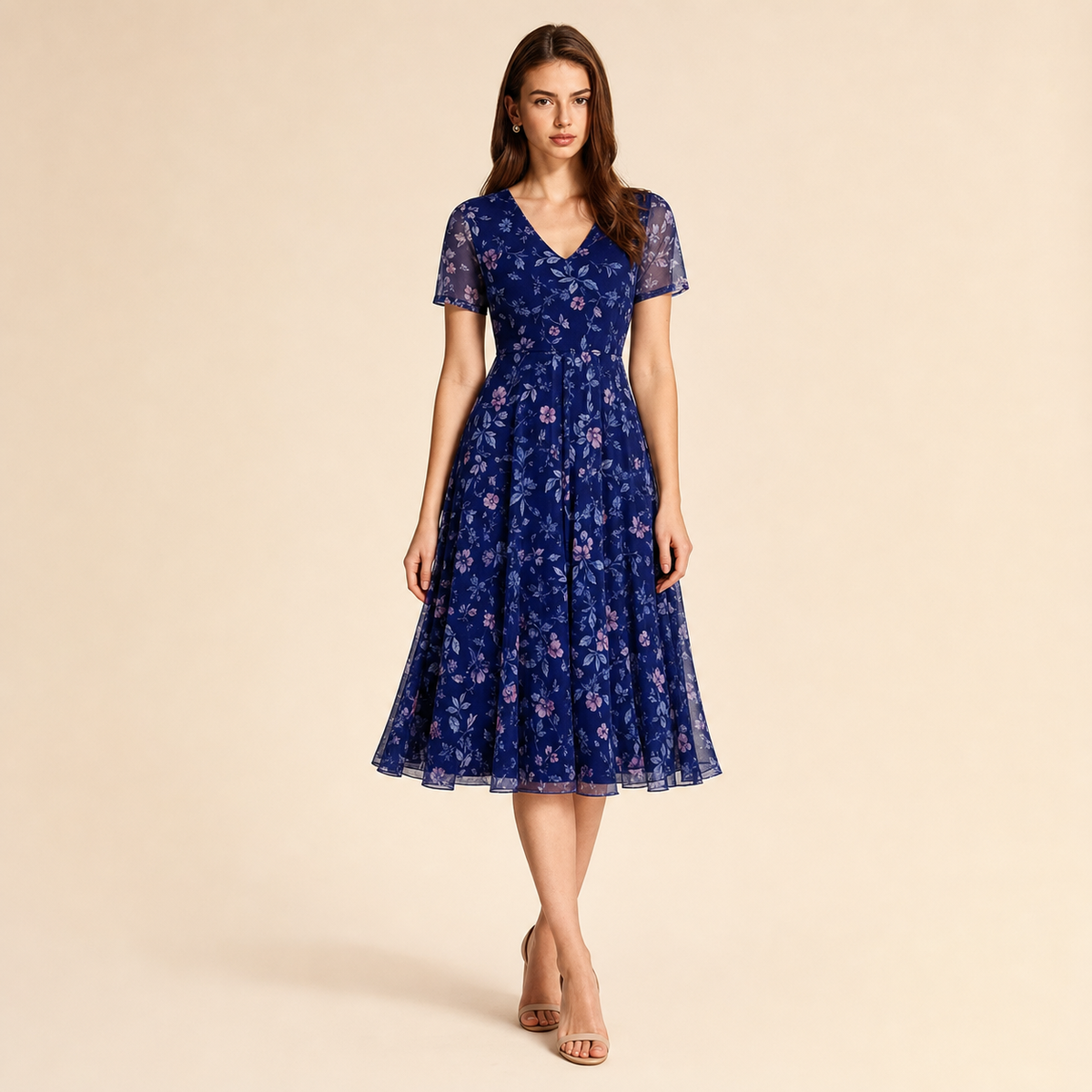 Floral V-Neck Short Sleeve Chiffon Fit and Flare Midi Dress 4