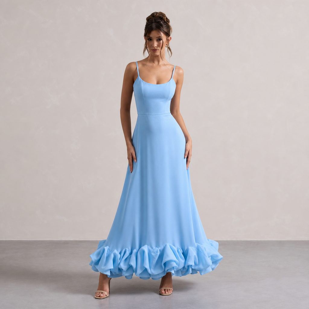 Scoop Neck Strappy Ruffle Hem A-Line Midi Dress 13