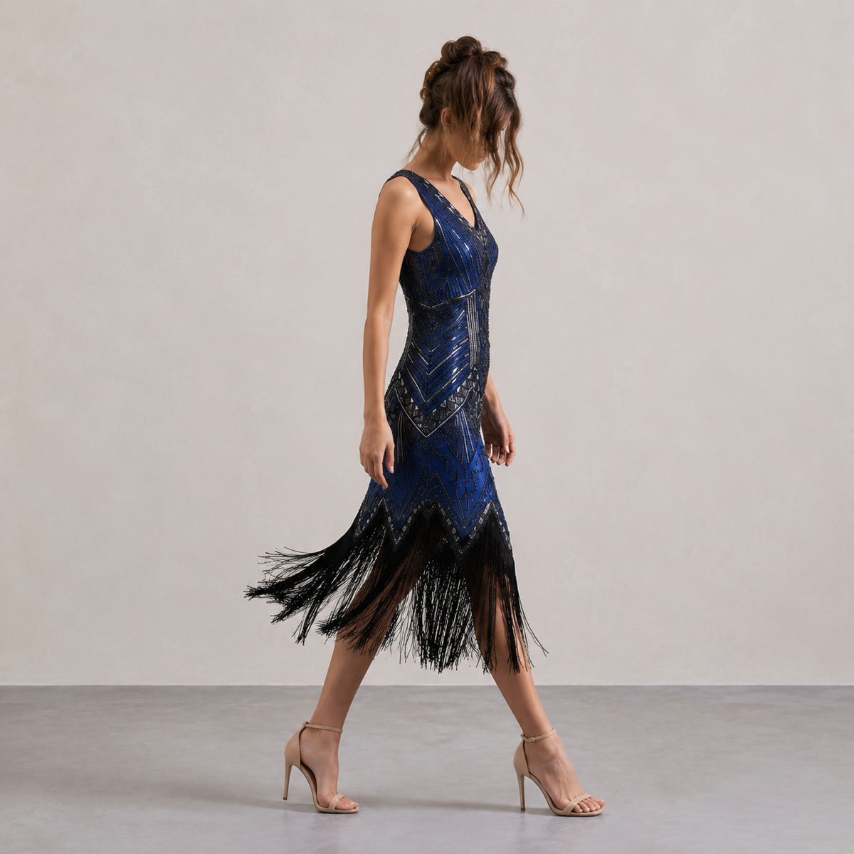 V-Neck Beaded Fringe Sleeveless Flapper Midi Dress 16