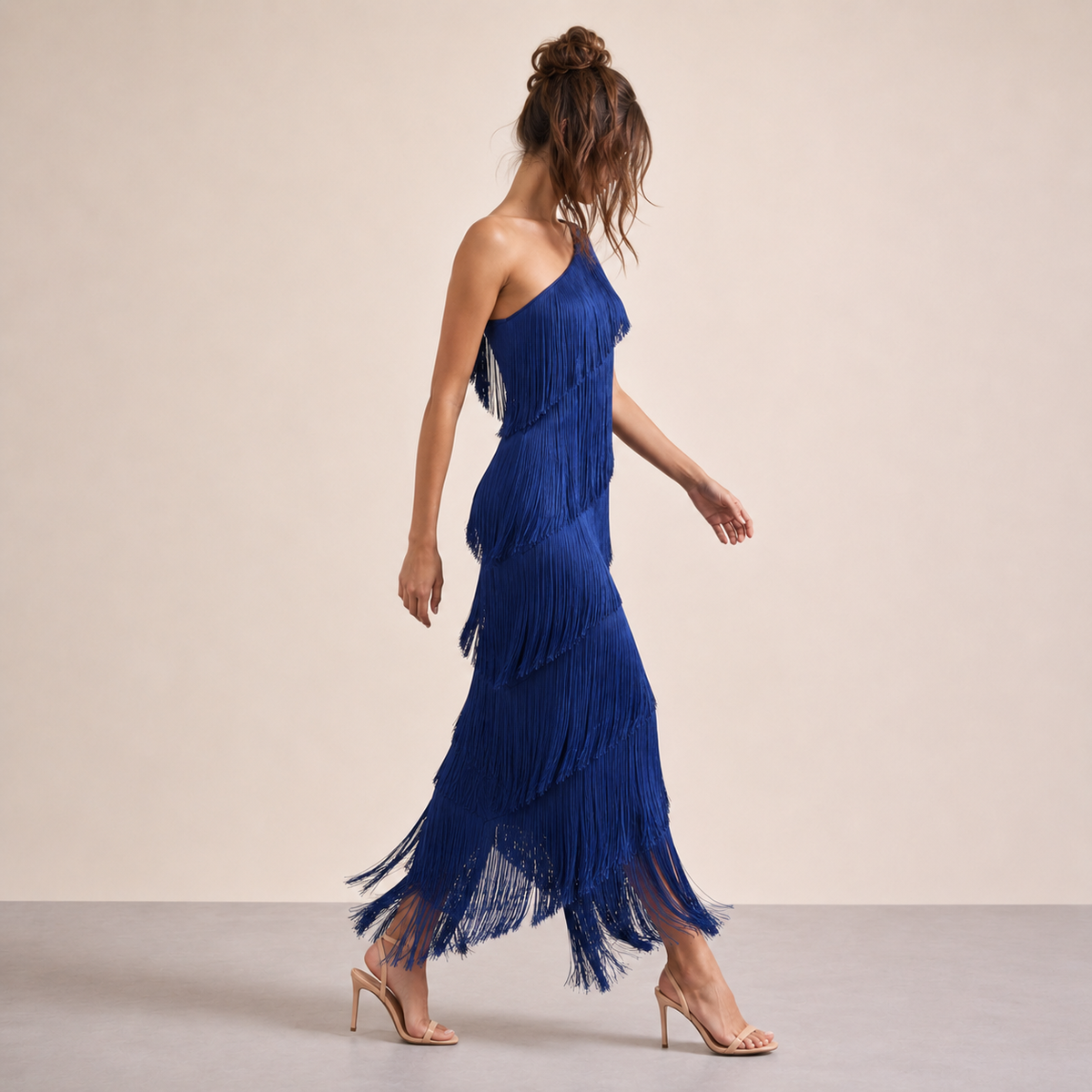 One Shoulder Tiered Tassel Fringe Bodycon Maxi Dress 8