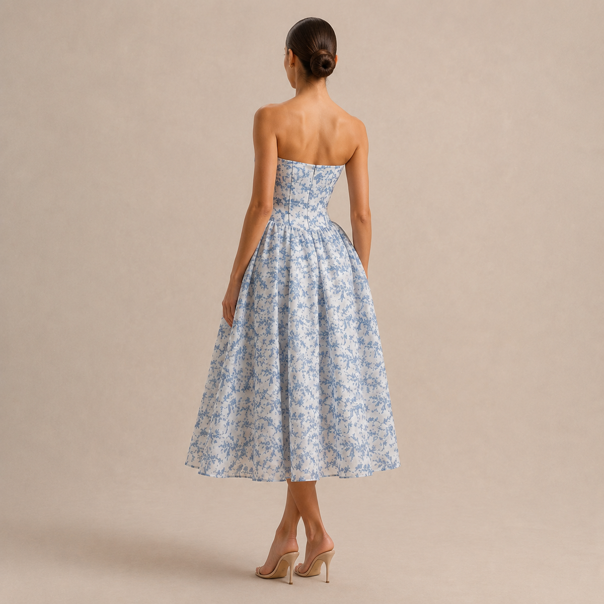 Floral Print Strapless Sweetheart Fit and Flare Midi Dress 3