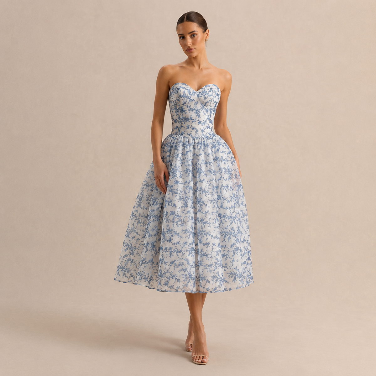 Floral Print Strapless Sweetheart Fit and Flare Midi Dress