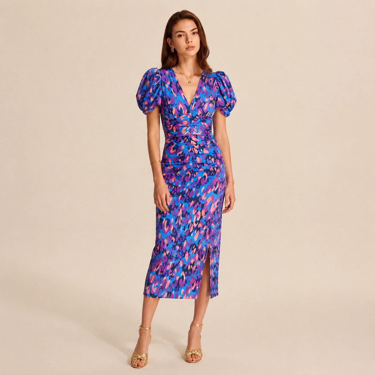 Floral V-Neck Puff Sleeve Twist Front Midi Dress 4